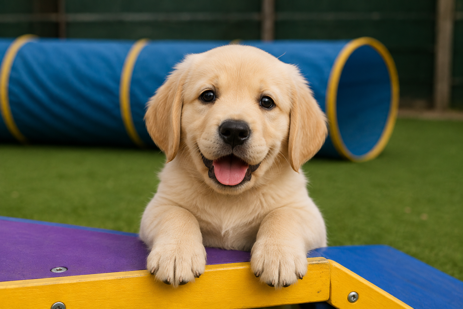 A happy baby Labrador puppy at Pawfect Puppy Preschool